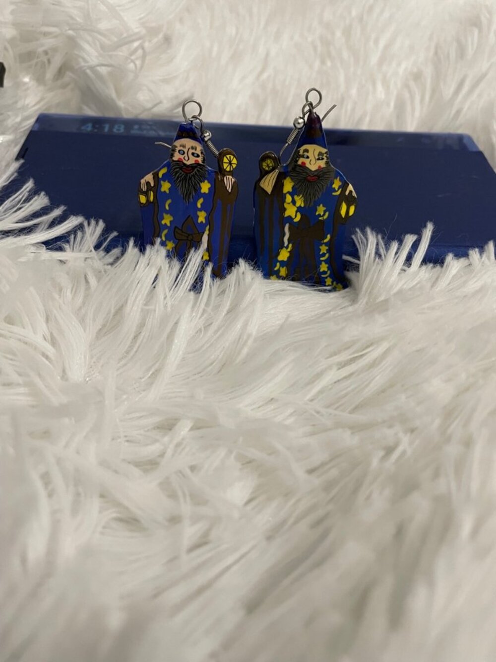Handmade Vintage Wizard Dangle Earrings Hand-Painted Enamel Blue Robe